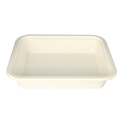 De PAPSTAR Gastronorm-container GN 1/2 is een rechthoekig, wit dienblad van suikerriet van de PAPSTAR GmbH, met afgeronde hoeken en licht verhoogde rand, afgebeeld op een witte achtergrond. De verpakking bevat 1 stuk.