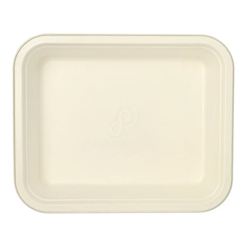 Van bovenaf zichtbare, rechthoekige PAPSTAR Gastronorm-container GN 1/2 van wit suikerriet met verhoogde rand en afgeronde hoeken, centraal logo en PLA-coating. Het milieuvriendelijke dienblad is leeg.