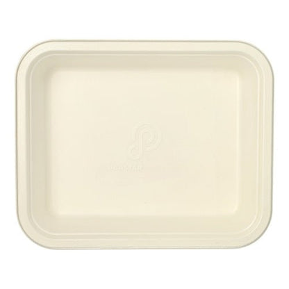 Van bovenaf zichtbare, rechthoekige PAPSTAR Gastronorm-container GN 1/2 van wit suikerriet met verhoogde rand en afgeronde hoeken, centraal logo en PLA-coating. Het milieuvriendelijke dienblad is leeg.
