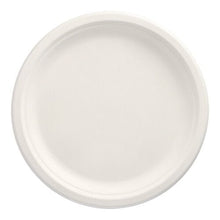 Het PAPSTAR 12 bord van suikerriet "pure" (ongescheiden) van PAPSTAR GmbH is rond, wit, met verhoogde rand, composteerbaar en milieuvriendelijk - gefotografeerd van bovenaf tegen een witte achtergrond.
