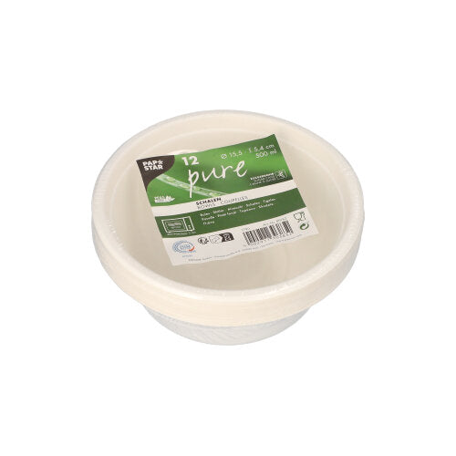 Ein Stapel von 12 PAPSTAR Schalen, Zuckerrohr „pure“ der PAPSTAR GmbH in einer Verpackung mit grünem Etikett. Jede umweltfreundliche Einwegschale fasst 500 ml und besteht aus biologisch abbaubarem Material.