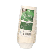 Ein Stapel von 50 PAPSTAR Fingerfood Schalen Zuckerrohr, weiß, 3x9,5x6 cm "Wave" der PAPSTAR GmbH, eingewickelt in Kunststoff mit Produktinfos und Recyclingsymbolen, als Hinweis auf nachhaltige Fingerfood-Verpackungen.