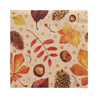 De PAPSTAR GmbH 20 servetten zijn 33x33 cm groot, 3-laags en kwartvormig gevouwen met een herfstmotief van dennenappels, eikels, kastanjes, rode bessen en oranje-gele bladeren op een beige achtergrond met gele stippen.