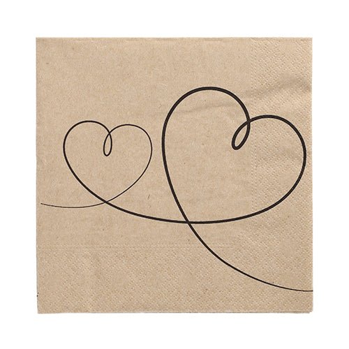 De PAPSTAR GmbH 20 servetten (33x33 cm, 3-laags, 1/4-vouw, natuur) tonen twee zwart omrande hartvormen - een kleine en een grote - die door een golvende lijn met elkaar verbonden zijn; ideale natuurservetten met een charmant design.
