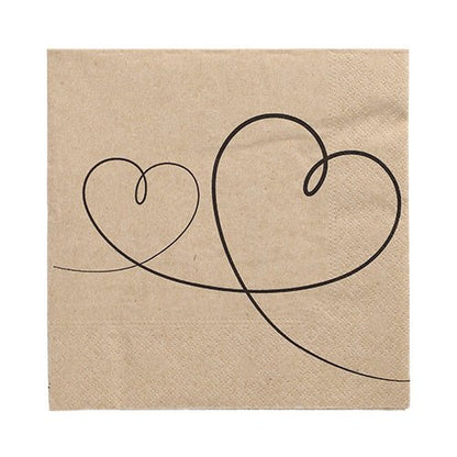 De PAPSTAR GmbH 20 servetten (33x33 cm, 3-laags, 1/4-vouw, natuur) tonen twee zwart omrande hartvormen - een kleine en een grote - die door een golvende lijn met elkaar verbonden zijn; ideale natuurservetten met een charmant design.