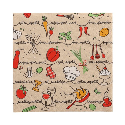De PAPSTAR 20 servetten (33x33 cm, 3-laags, 1/4 gevouwen, natuur) van PAPSTAR GmbH zijn voorzien van kleurrijke voedsel- en keukenillustraties en vrolijke spreuken zoals "Guten Appetit" en "Guten Appetit".
