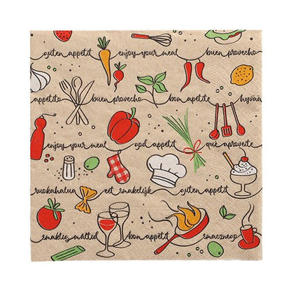 De PAPSTAR 20 servetten (33x33 cm, 3-laags, 1/4 gevouwen, natuur) van PAPSTAR GmbH zijn voorzien van kleurrijke voedsel- en keukenillustraties en vrolijke spreuken zoals "Guten Appetit" en "Guten Appetit".