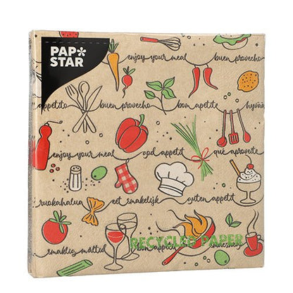 PAPSTAR GmbH 20 servetten, 33x33 cm, 3-laags, 1/4-vouw natuur: Stijlvolle servetten van gerecycled papier met handgetekende voedselillustraties en "Enjoy your meal" in vele talen op een bruine achtergrond - perfect voor natuurlijke eetmomenten.