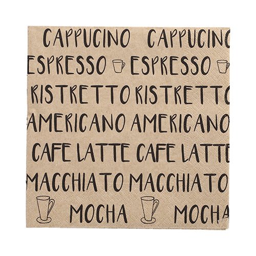 De 20 servetten van PAPSTAR GmbH (33x33 cm, 3-laags, 1/4-vouw, natuur) zijn voorzien van zwarte koffieschrift en kopjesmotieven - stijlvolle servetten voor cafés en koffieliefhebbers.