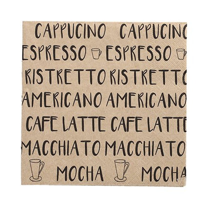 De 20 servetten van PAPSTAR GmbH (33x33 cm, 3-laags, 1/4-vouw, natuur) zijn voorzien van zwarte koffieschrift en kopjesmotieven - stijlvolle servetten voor cafés en koffieliefhebbers.