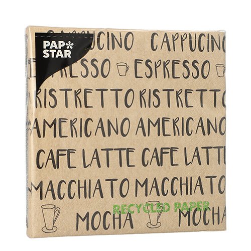 Een natuurkleurig pak PAPSTAR GmbH 20 servetten (33cm x 33cm, 3-laags, 1/4-vouw) is voorzien van namen van koffiedranken, "RECYCLED PAPER" in groen, kleine koffiekopjesafbeeldingen en gemaakt van natuurpapier.
