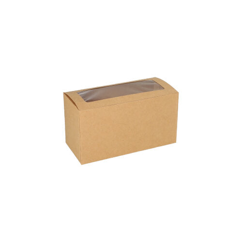 De PAPSTAR 25 cupcake-doos, vierkant (10 cm) van bruin karton met PLA-kijkvenster van PAPSTAR GmbH, is biologisch afbreekbaar en wordt op een witte achtergrond getoond.
