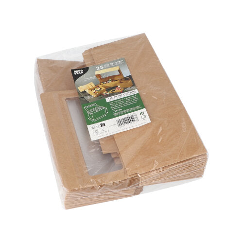 Een in kunststof verpakte verpakking met 25 PAPSTAR cupcake-dozen vierkant 10 cm met PLA-kijkvenster van de PAPSTAR GmbH, met een bovenetiket met de samengestelde dozen, productdetails en recyclingsymbolen.