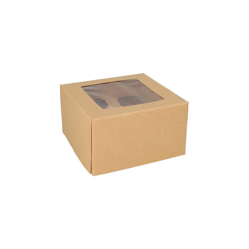De PAPSTAR 25 cupcake-doos vierkant 10 cm met PLA-kijkvenster van PAPSTAR GmbH is biologisch afbreekbaar en wordt op een witte achtergrond gepresenteerd.