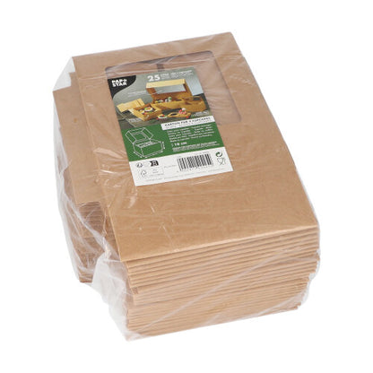 Een stapel PAPSTAR 25 cupcake-dozen vierkant 10 cm met PLA-kijkvenster, van PAPSTAR GmbH, biologisch afbreekbaar en in folie verpakt, met etiket aan het venster met productinformatie en toepassingsafbeelding.