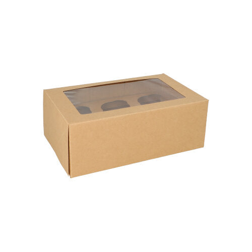 De PAPSTAR 25 cupcake-doos (vierkant, 10 cm) van PAPSTAR GmbH is gemaakt van bruin karton, is biologisch afbreekbaar en heeft een helder PLA-kijkvenster aan de bovenkant. De doos staat op een witte achtergrond.