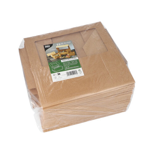 Een stapel PAPSTAR 25 cupcake-dozen vierkant 10 cm met PLA-kijkvenster, plat en in folie verpakt. Het productetiket van de PAPSTAR GmbH met afbeeldingen en tekst is bovenop de biologisch afbreekbare doos zichtbaar.