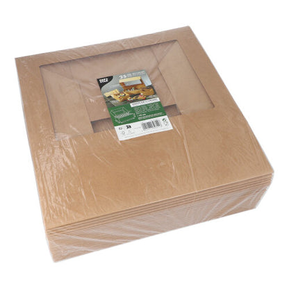 Een stapel PAPSTAR 25 cupcake-dozen vierkant 10 cm met PLA-kijkvenster van PAPSTAR GmbH is in plastic verpakt; bovenop ligt een productlabel met afbeeldingen en tekst.