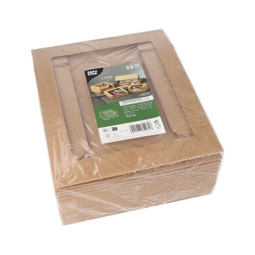 Een stapel van 25 PAPSTAR taartdozen met deksel rechthoekig met PLA-venster van PAPSTAR GmbH, verpakt in folie, met etiket bovenop, dat productinformatie en toepassingsafbeeldingen toont.
