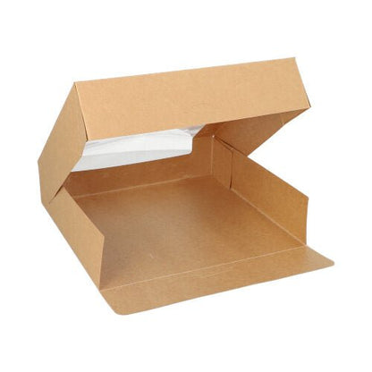 Een PAPSTAR 25 taartdozen met deksel rechthoekig met PLA-venster van de PAPSTAR GmbH in bruin, met milieuvriendelijk ontwerp en een transparant venster op de bovenklep, leeg tentoongesteld tegen een witte achtergrond.