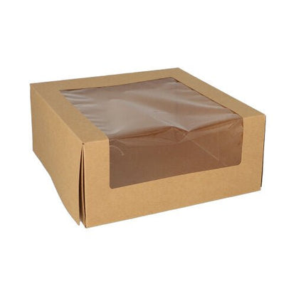 De PAPSTAR GmbH 25 taartdozen met deksel rechthoekig hebben een praktisch PLA-venster, dat de inhoud zichtbaar maakt. De milieuvriendelijke dozen zijn van bruin karton en worden tegen een witte achtergrond gepresenteerd.
