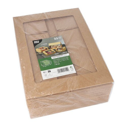 Een verpakking met 25 PAPSTAR taartdozen met hoekige deksel met PLA-venster van PAPSTAR GmbH, verpakt in plasticfolie en voorzien van een groen-wit etiket met afbeeldingen van de samengestelde dozen.