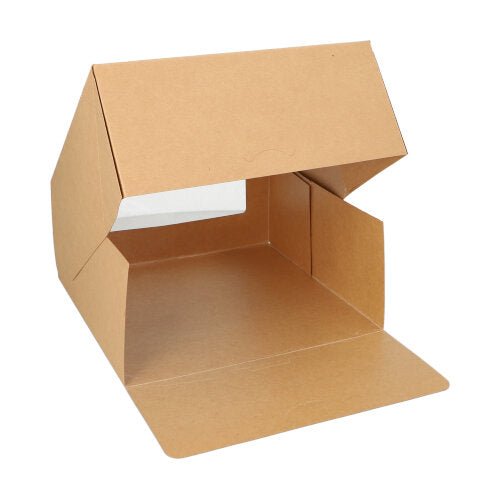 Een PAPSTAR 25 taartdozen met hoekige deksel met PLA-venster van PAPSTAR GmbH, geopend getoond om hun binnenkant en structuur te laten zien tegen een witte achtergrond.