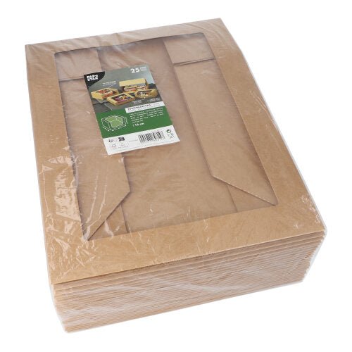 Een stapel PAPSTAR 25 taartdozen met deksel, rechthoekig met PLA-venster van PAPSTAR GmbH, milieuvriendelijk en verpakt in folie. Bovenop een groen-wit productlabel met afbeeldingen en tekst.