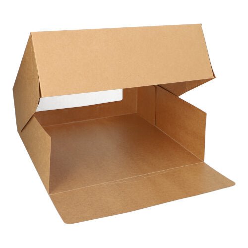 Een PAPSTAR 25 taartdozen met deksel rechthoekig met PLA-venster van de PAPSTAR GmbH wordt met geopende kleppen getoond en laat zijn lege binnenkant zien tegen een witte achtergrond.