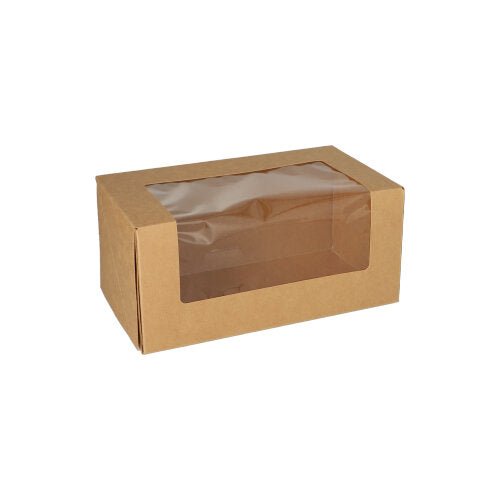 De PAPSTAR GmbH PAPSTAR 25 taartdozen met hoekige deksel met PLA-venster, rechthoekig en bruin met een transparant PLA-venster boven en voor, gefotografeerd tegen een witte achtergrond.