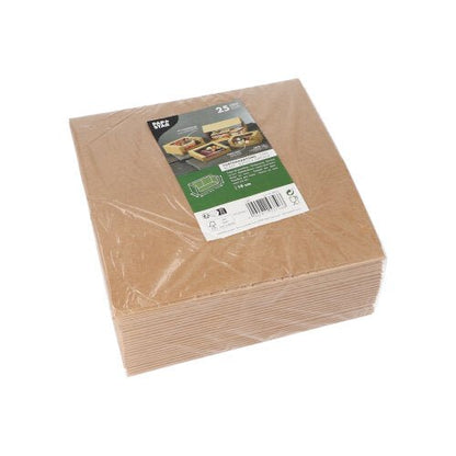 Een stapel bruine papieren servetten in een doorzichtige plastic hoes met een groen-wit etiket van de PAPSTAR GmbH, waarop afbeeldingen van voedselcontainers en informatie over „PAPSTAR 25 taartdozen met hoekige deksel met PLA-venster“ te zien zijn.