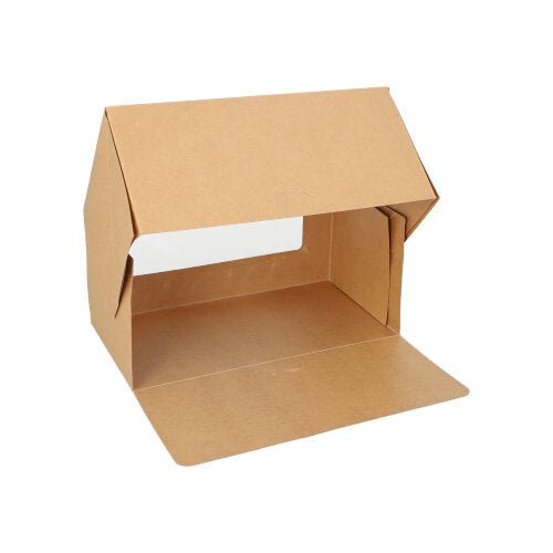Een PAPSTAR GmbH taartdoos: bruin, hoekig, met deksel en PLA-venster, van karton. Verpakking bevat 25 stuks. De doos is afgebeeld tegen een witte achtergrond met open deksel.