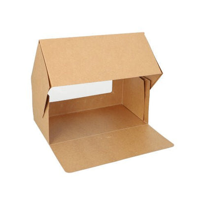 Een PAPSTAR GmbH taartdoos: bruin, hoekig, met deksel en PLA-venster, van karton. Verpakking bevat 25 stuks. De doos is afgebeeld tegen een witte achtergrond met open deksel.