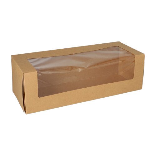 De PAPSTAR 25 taartdozen met deksel rechthoekig van PAPSTAR GmbH is een bruine, rechthoekige doos met milieuvriendelijk PLA-venster aan de bovenkant, waardoor de inhoud zichtbaar blijft. De doos staat leeg tegen een witte achtergrond.
