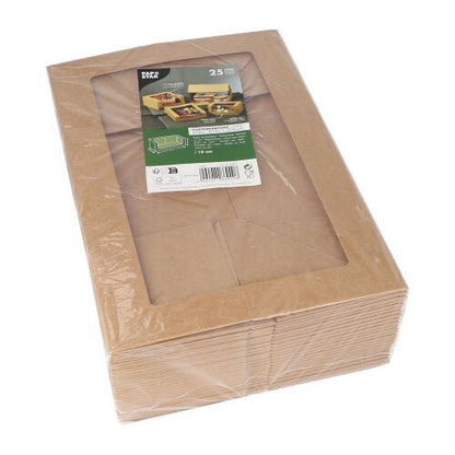 De PAPSTAR GmbH biedt 25 rechthoekige taartdozen met deksel en PLA-venster, milieuvriendelijk, samen verpakt en in folie geseald. Boven op de verpakking bevindt zich een groen-wit productlabel.