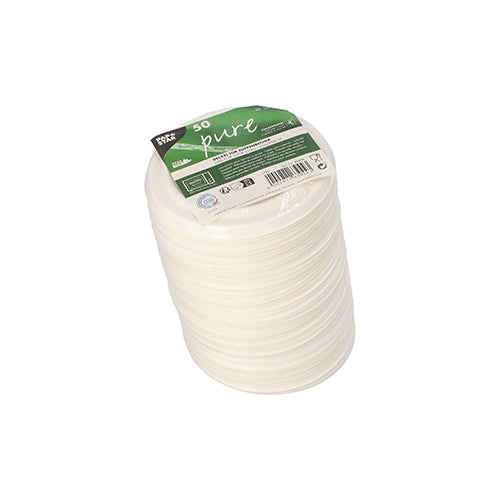 Een stapel van 50 witte "pure" suikerrietdeksels voor soepbekers van de PAPSTAR GmbH, verpakt in folie met productdetails en recyclingsymbolen.