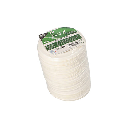 Een stapel van 50 witte "pure" suikerrietdeksels voor soepbekers van de PAPSTAR GmbH, verpakt in folie met productdetails en recyclingsymbolen.