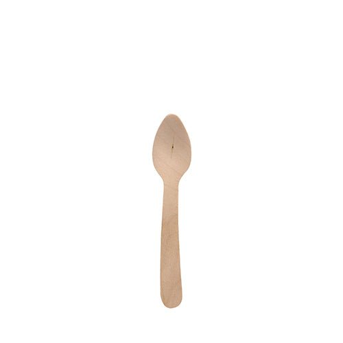 Een enkele PAPSTAR koffielepel hout "puur", 11 cm, milieuvriendelijk en stabiel van PAPSTAR GmbH, ligt op een eenvoudig witte achtergrond. De biologisch afbreekbare lepel heeft een eenvoudig ontwerp met ronde greep en platte schep.