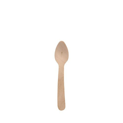 Een enkele PAPSTAR koffielepel hout "puur", 11 cm, milieuvriendelijk en stabiel van PAPSTAR GmbH, ligt op een eenvoudig witte achtergrond. De biologisch afbreekbare lepel heeft een eenvoudig ontwerp met ronde greep en platte schep.