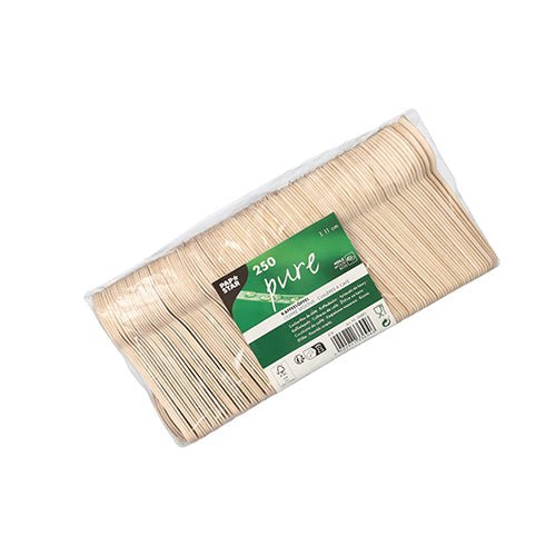 Doorzichtige verpakking met 250 PAPSTAR koffielepels hout "puur", 11 cm, milieuvriendelijk en stabiel, met groen-wit etiket met productinfo en PAPSTAR GmbH-branding; de biologisch afbreekbare lepels zijn netjes naast elkaar gestapeld.