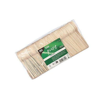 Doorzichtige verpakking met 250 PAPSTAR koffielepels hout "puur", 11 cm, milieuvriendelijk en stabiel, met groen-wit etiket met productinfo en PAPSTAR GmbH-branding; de biologisch afbreekbare lepels zijn netjes naast elkaar gestapeld.