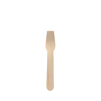 Een PAPSTAR ijsschep hout "pure", 9,4 cm, milieuvriendelijke en stabiele ijsstok van PAPSTAR GmbH met brede kop en ronde greep, afzonderlijk afgebeeld op een witte achtergrond.