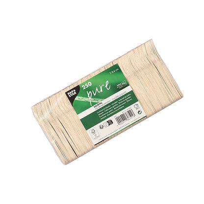 Een verpakking van 250 PAPSTAR GmbH ijsscheppen hout "pure", 9,4 cm, milieuvriendelijk en stabiel, komt in groen-witte folieverpakking en is afgebeeld op een witte achtergrond.