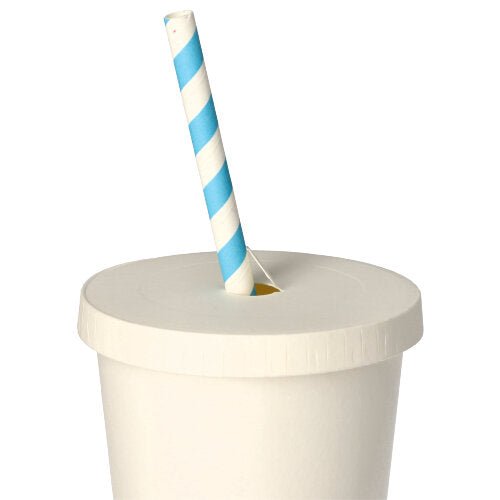 De Starpak 50 deksels voor drinkbekers, van wit karton met een diameter van 9 cm, passen op bekers en het invoeren van een blauw-wit gestreept papieren rietje door de opening in het midden van de deksel.