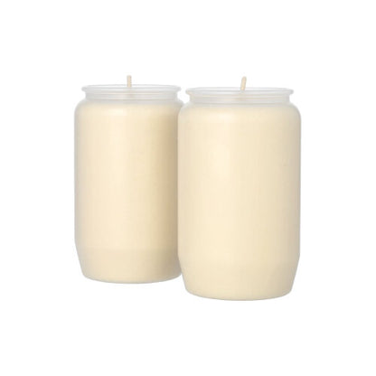 Twee PAPSTAR compositie-olielampen Ø 5,8 cm in transparante hoes (2 stuks, PAPSTAR GmbH) staan naast elkaar voor een witte achtergrond en zorgen voor sfeervolle verlichting.