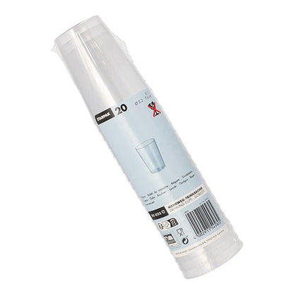 Een in plastic verpakte verpakking met 20 Starpak herbruikbare drinkbekers, PP, 0,1 l, Ø5,2 cm × 7,4 cm, doorschijnend en onbreekbaar, met een etiket met productdetails, bekersillustratie, barcodes en recyclingsymbolen.
