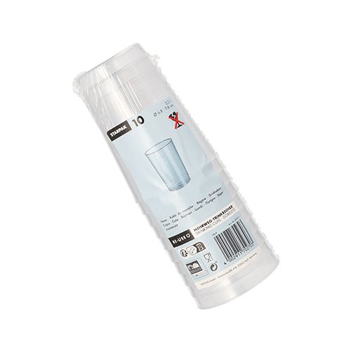 10 transparante, onbreekbare herbruikbare drinkbekers van PP van Starpak, in heldere verpakking met etiket, barcode en bekerafbeelding.