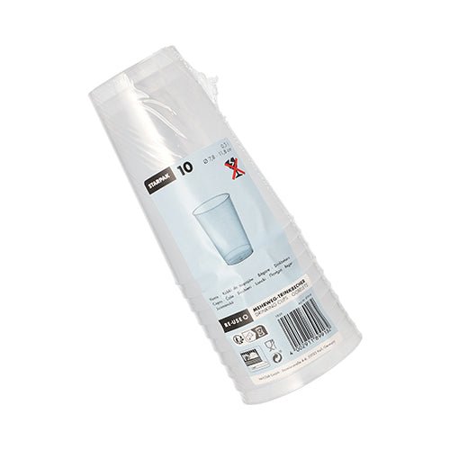 Een verpakking met tien Starpak 10 herbruikbare drinkbekers PP doorschijnende, onbreekbare bekers in plasticfolie met het merk Starpak, een bekerafbeelding, productinformatie, recyclingsymbolen en een barcode.