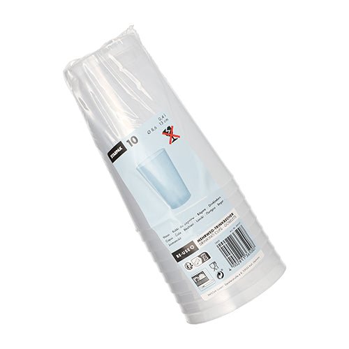 De Starpak 10 herbruikbare drinkbeker PP doorschijnend onbreekbaar van Starpak wordt geleverd in een kunststofverpakking met productetiketten, recyclingsymbolen en een barcode aan de buitenkant.