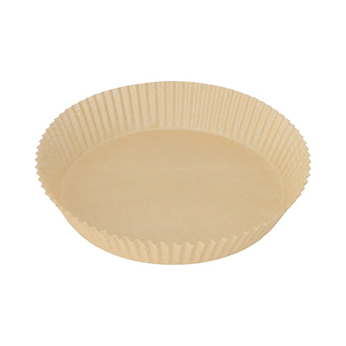 Op een witte achtergrond is een enkel beige, rond PAPSTAR 100 bakpapier voor heteluchtfriteuses (hoogte 4,5 cm) van de PAPSTAR GmbH afgebeeld - ideaal voor heteluchtfriteuses.